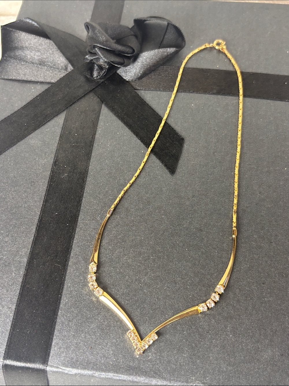 Gold-Tone V-Front Crystal Necklace - Women Jewelry 16”